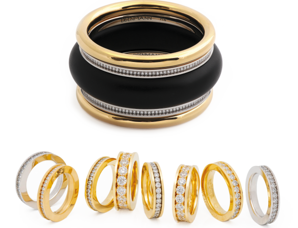 Alliance-ringen, 18 karaat geel en witgoud met briljant geslepen diamanten van verschillende formaten.
Armband, ebbenhout, 18 karaat wit en geelgoud met briljant geslepen diamanten.